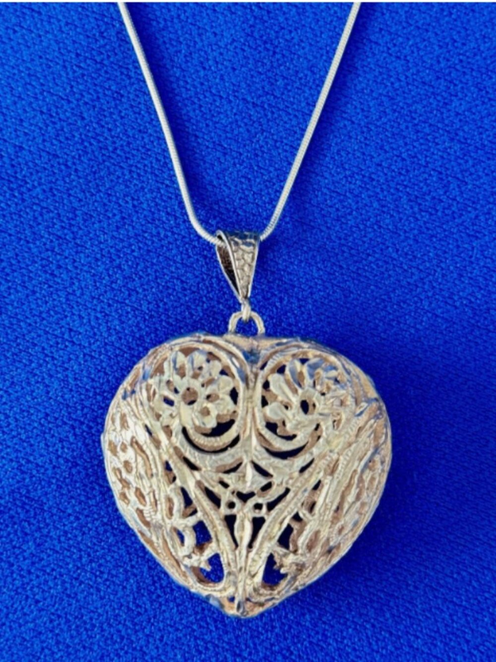 Vintage Large 925 Sterling Silver Filigree Heart Snake Chain Necklace 34", 31.1g
